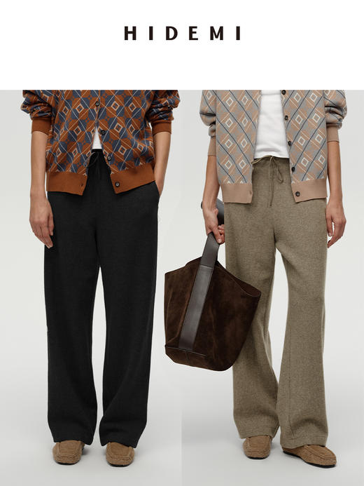 HIDEMI【当当同款】极简抽绳式针织加厚加绒保暖弯刀裤九分裤 卡其色|黑色 商品图0