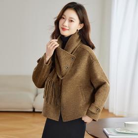 双面羊绒大衣设计感减龄，围巾领斗篷毛呢外套短款HR-ZYIF1120