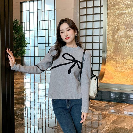 奢姿2025年秋季新款大码女装蝴蝶结休闲上衣胖妹妹减龄圆领针织衫9843690176 商品图0