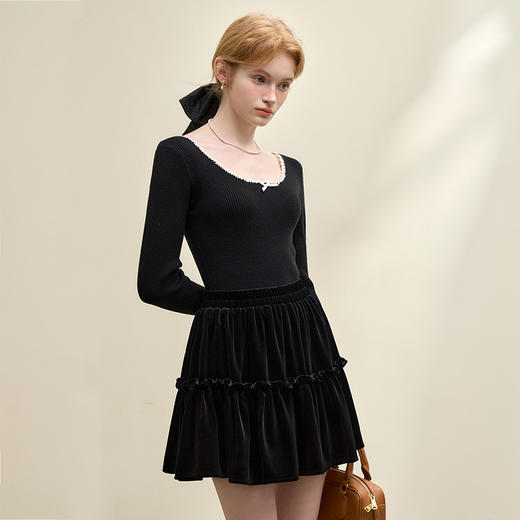 法式浪漫撞色花边蝴蝶结长袖针织衫女早春修身短款上衣V4342657 商品图4