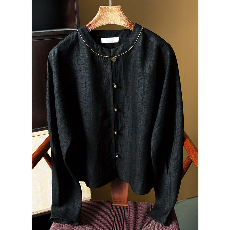 丁摩 桑蚕丝非遗香云纱龟纹上衣 气质单排扣宽松显瘦真丝圆领外套4ZF-053