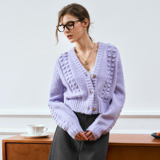 OLrain欧芮儿紫色V领毛衣女秋季2024年新款宽松休闲法式针织开衫 商品图3