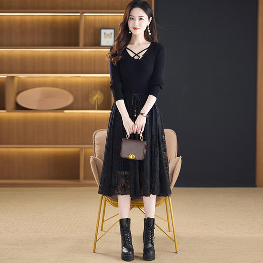 CC-LZ-8161蕾丝针织连衣裙女长款春秋2024新款遮肉显瘦内搭配大衣打底毛衣裙 商品图2