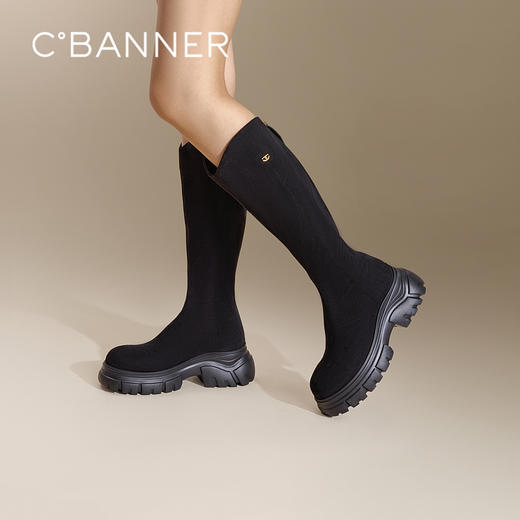 千百度厚底潮流弹力袜靴女冬季增高长靴瘦瘦靴A24537539 商品图0