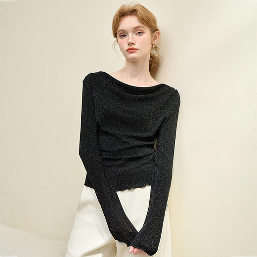 复古摩登设计感亮丝烫钻荡领长袖T恤女针织上衣V4243199 商品图3