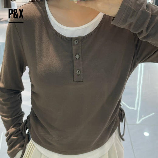 P&X设计师女装秋季长袖打底假两件短款T恤 824302190 绿色 商品图3