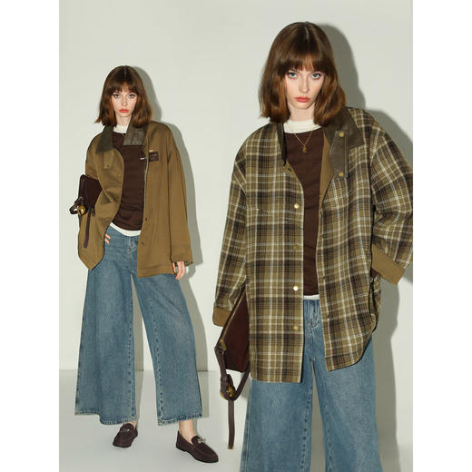 COCOBELLA[双面穿]英伦风格纹毛呢外套女气质PU领大衣SC0048 商品图1