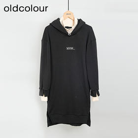 oldcolour黑色气质宽松设计感拼接简约休闲长袖卫衣连衣裙女L42103225
