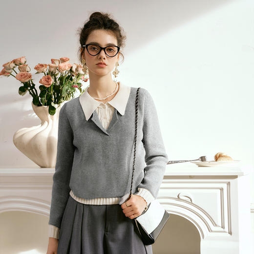 OLrain欧芮儿灰色套头毛衣女秋季2024年新款通勤百搭假两件针织衫 商品图3