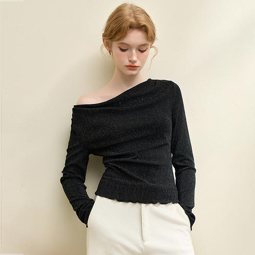 复古摩登设计感亮丝烫钻荡领长袖T恤女针织上衣V4243199 商品图2