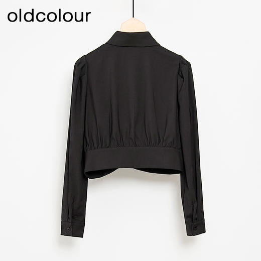 oldcolour黑色气质百搭高级感翻领短款长袖针织拼接衬衫女GN31013804 商品图1