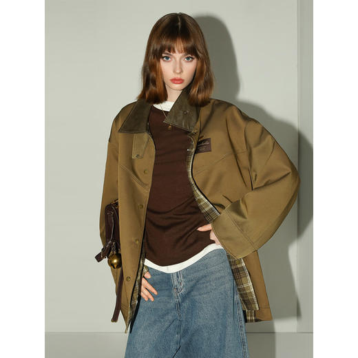 COCOBELLA[双面穿]英伦风格纹毛呢外套女气质PU领大衣SC0048 商品图3