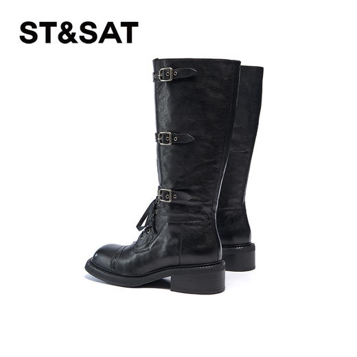 星期六潮流褶皱感复古扣带显瘦长筒靴SSC4117379 商品图8