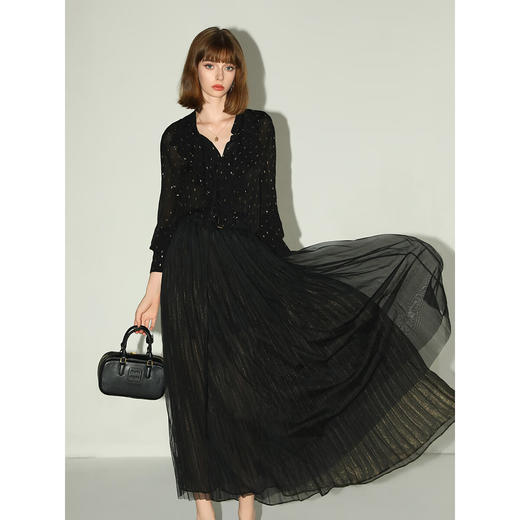 COCOBELLA手工压褶金葱网纱大摆半身裙气质长裙礼服裙HS7065 商品图3