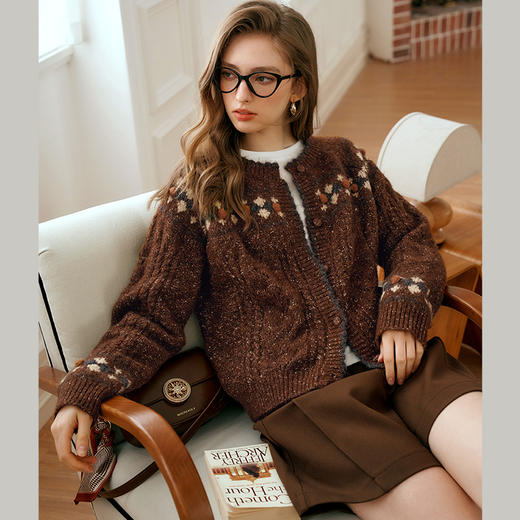 OLrain欧芮儿法式棕咖色毛衣女秋季慵懒风宽松显瘦针织开衫外套 商品图0