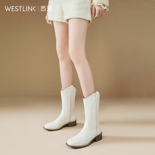 西遇西部牛仔靴女新款秋冬美拉德马丁靴中筒V口方头白色短靴D0047794 商品图3