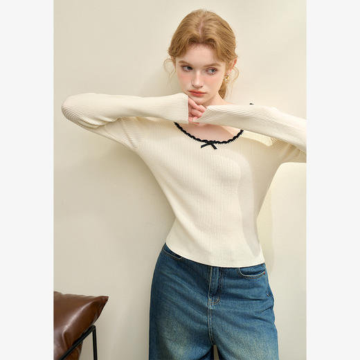 法式浪漫撞色花边蝴蝶结长袖针织衫女早春修身短款上衣V4342657 商品图3