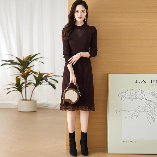 CC-LZ-8158中长款蕾丝针织连衣裙秋冬2024新款收腰显瘦配大衣内搭打底毛衣裙 商品图1