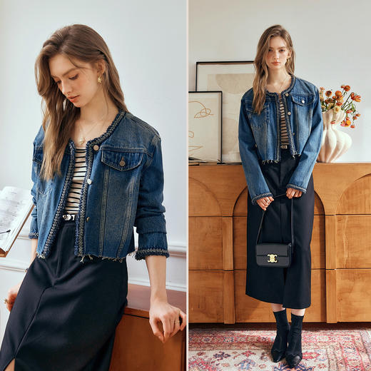 OLrain欧芮儿蓝色牛仔外套女早秋2024年新款手工编织小香风上衣 商品图1