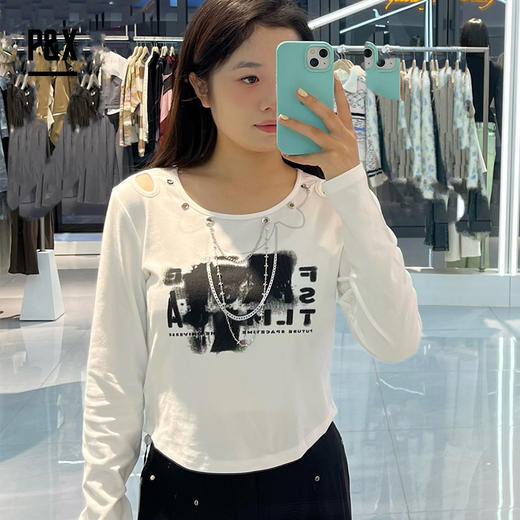 P&X设计师女装秋季针织长袖圆领修身短款T恤 824302176 白色 商品图0