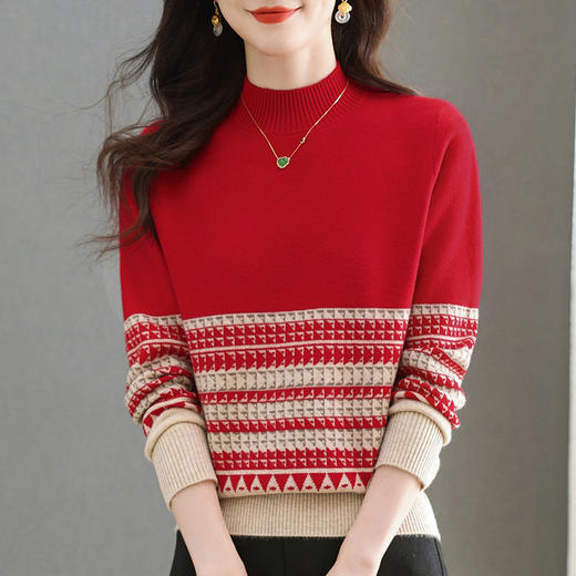 CC-101-98966半高领女士毛衣秋冬季新款拼色慵懒风上衣条纹软糯内搭针织打底衫 商品图1