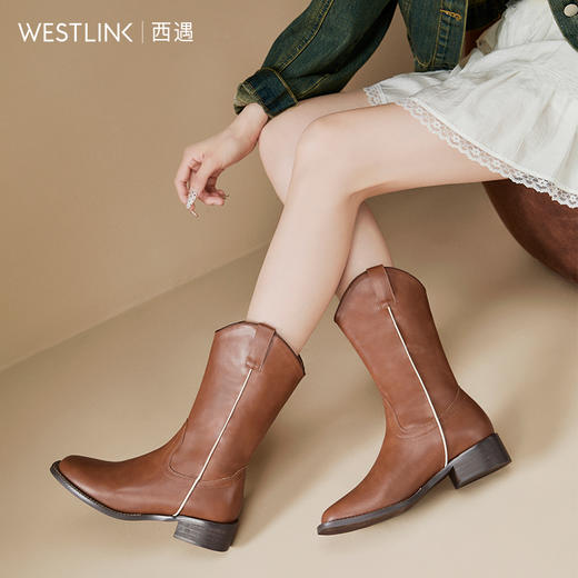 西遇西部牛仔靴女新款秋冬美拉德马丁靴中筒V口方头白色短靴D0047794 商品图2