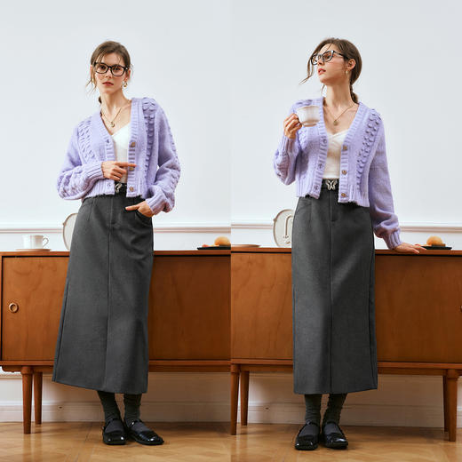 OLrain欧芮儿紫色V领毛衣女秋季2024年新款宽松休闲法式针织开衫 商品图1