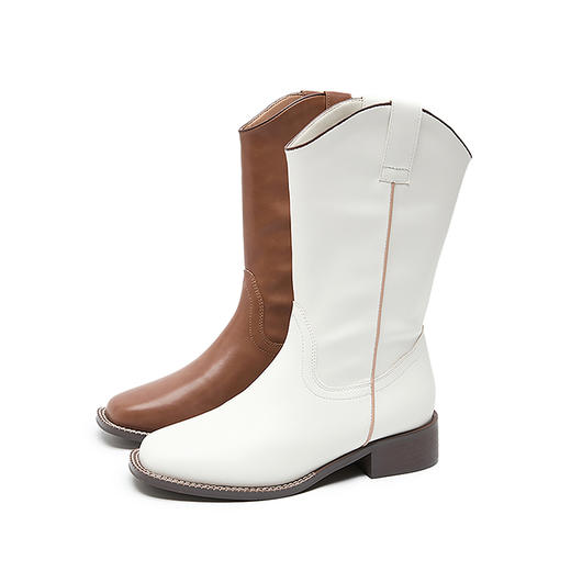 西遇西部牛仔靴女新款秋冬美拉德马丁靴中筒V口方头白色短靴D0047794 商品图4