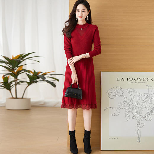 CC-LZ-8158中长款蕾丝针织连衣裙秋冬2024新款收腰显瘦配大衣内搭打底毛衣裙 商品图0