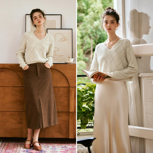 OLrain欧芮儿法式杏色毛衣女秋季2024年新款V领镂空亮片上衣 商品图1