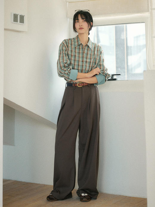 Even Vintage|复古奶咖绿 全棉碳素磨毛经典格纹刺绣logo百搭衬衫 商品图1