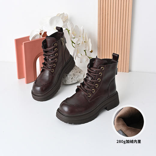 经典鲨2024年冬季新款百搭圆头时尚潮酷侧拉链短筒加绒保暖马丁靴女KW330-D58021 商品图1