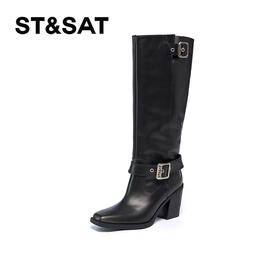 星期六时尚简约扣带粗跟显瘦长筒靴SSC4117373