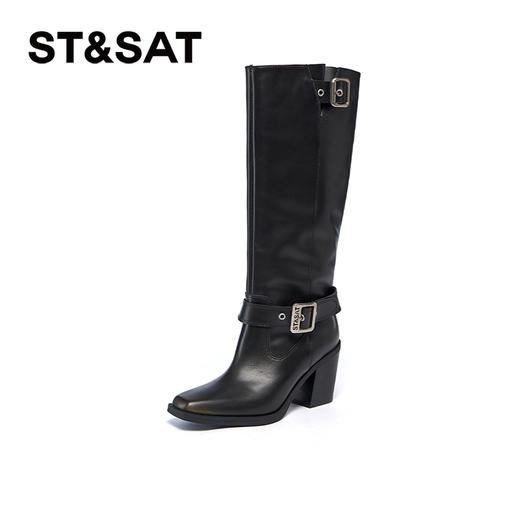 星期六时尚简约扣带粗跟显瘦长筒靴SSC4117373 商品图0