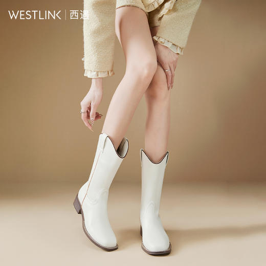 西遇西部牛仔靴女新款秋冬美拉德马丁靴中筒V口方头白色短靴D0047794 商品图1