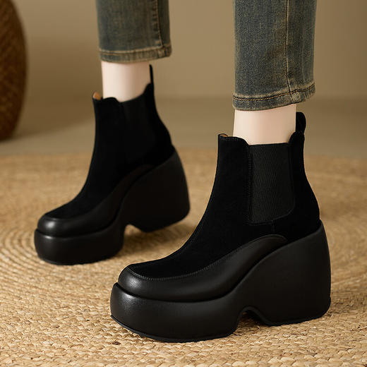 【预售5天】真皮复古时尚短靴，小个子松糕厚底坡跟防水台女靴NWS1&N9619 商品图2