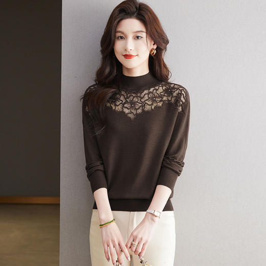 CC-17-2240蕾丝打底衫女士2024新款洋气刺绣花针织衫镶钻上衣半高领内搭t恤 商品图3