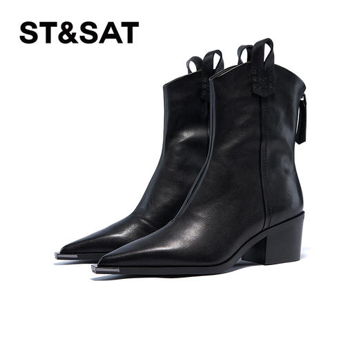 星期六极简风金属尖头显瘦粗跟时装靴SSC4116080 商品图5