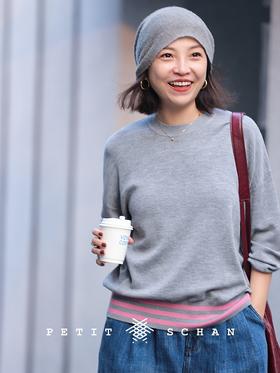 雅痞女孩 精纺美利奴羊毛撞色条纹套头毛衣