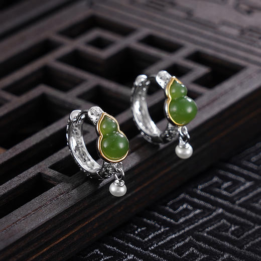 子佩集S925银【幸福至】耳环【EJ00368】纯银古法银和田碧玉葫芦扣环耳圈2410 商品图1