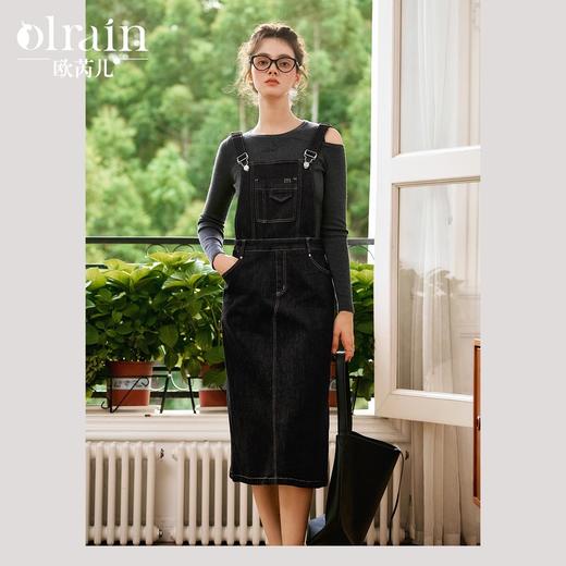
OLrain欧芮儿黑色背带连衣裙女秋季2024年新款复古百搭直筒牛仔裙 商品图0