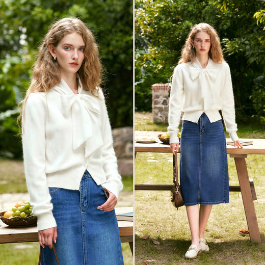 OLrain欧芮儿蝴蝶结飘带开衫毛衣女初秋2024年新款通勤风长袖上衣 商品图1