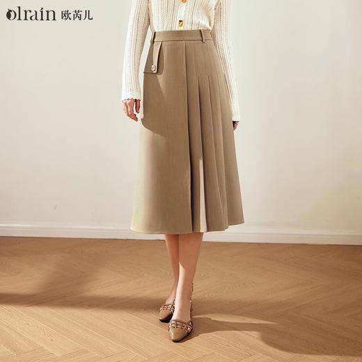 OLrain欧芮儿卡其色百褶半身裙女早春2024年新款复古不对称马面裙 商品图0