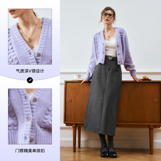 OLrain欧芮儿紫色V领毛衣女秋季2024年新款宽松休闲法式针织开衫 商品图2