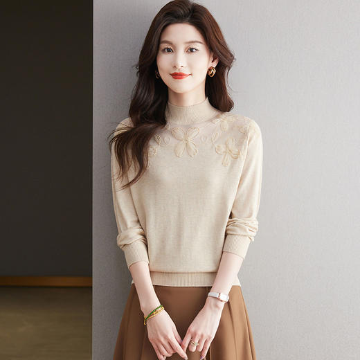 CC-17-2239春秋针织打底衫女士2024新款洋气时尚蕾丝刺绣花内搭长袖t恤上衣 商品图1