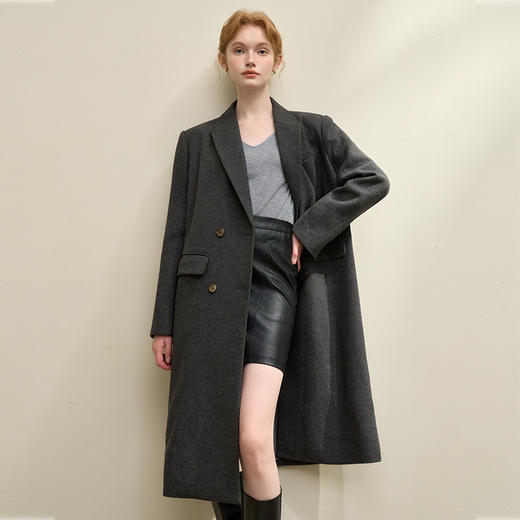 英伦大翻领双排扣中长款大衣女秋季厚实保暖呢料外套V4342910 商品图2