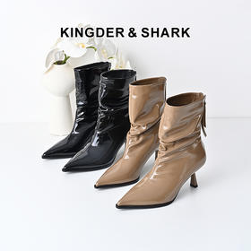 经典鲨2024年冬新款优雅尖头显瘦细高跟后拉链褶皱中筒靴女KW198-D58231