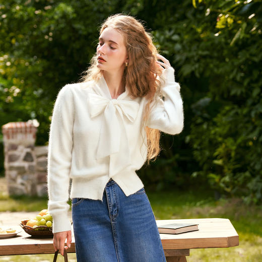 OLrain欧芮儿蝴蝶结飘带开衫毛衣女初秋2024年新款通勤风长袖上衣 商品图2