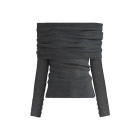 灰色羊毛混纺一字肩打底衫长袖套头上衣