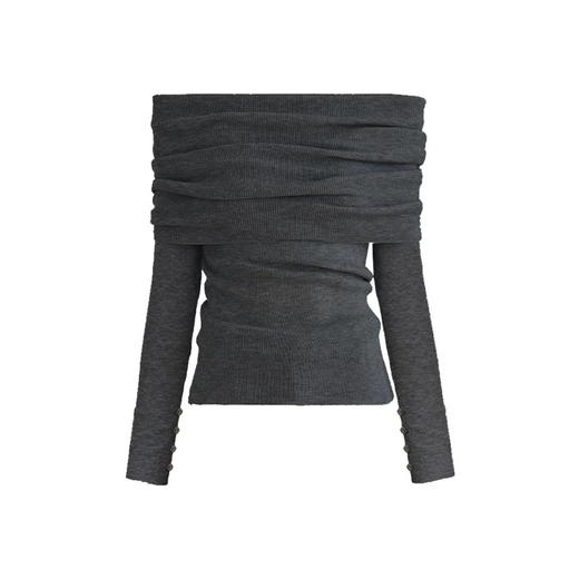 灰色羊毛混纺一字肩打底衫长袖套头上衣 商品图0